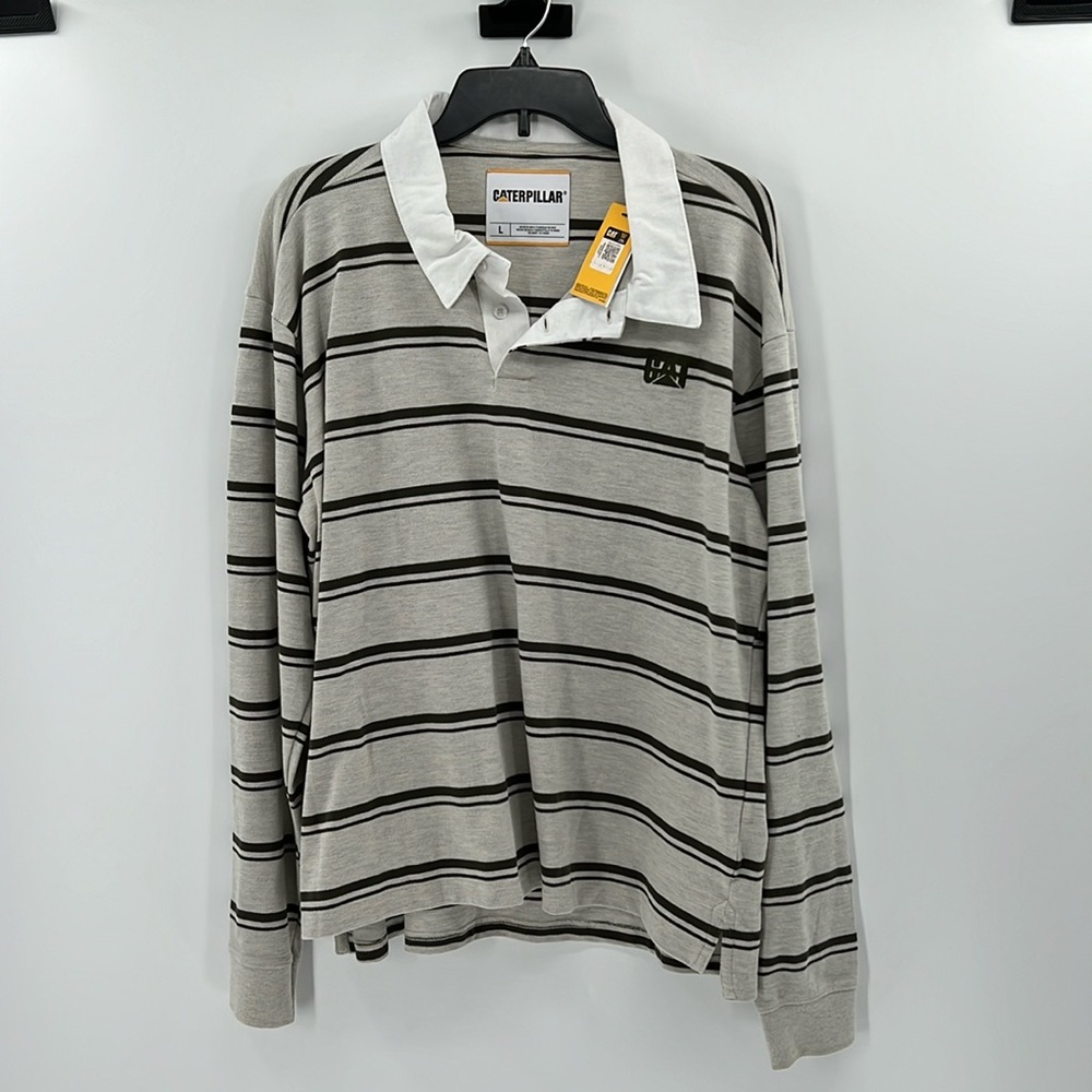 Caterpillar Long Sleeve Stripe Polo Shirt - Gray/Moss - Large - New with tags